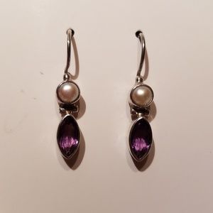 EUC Sterling Silver Amethyst & Pearl Drop Earrings